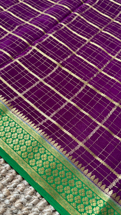 Pure Mysore Checkered Silk Sarees - Purple with Green Border