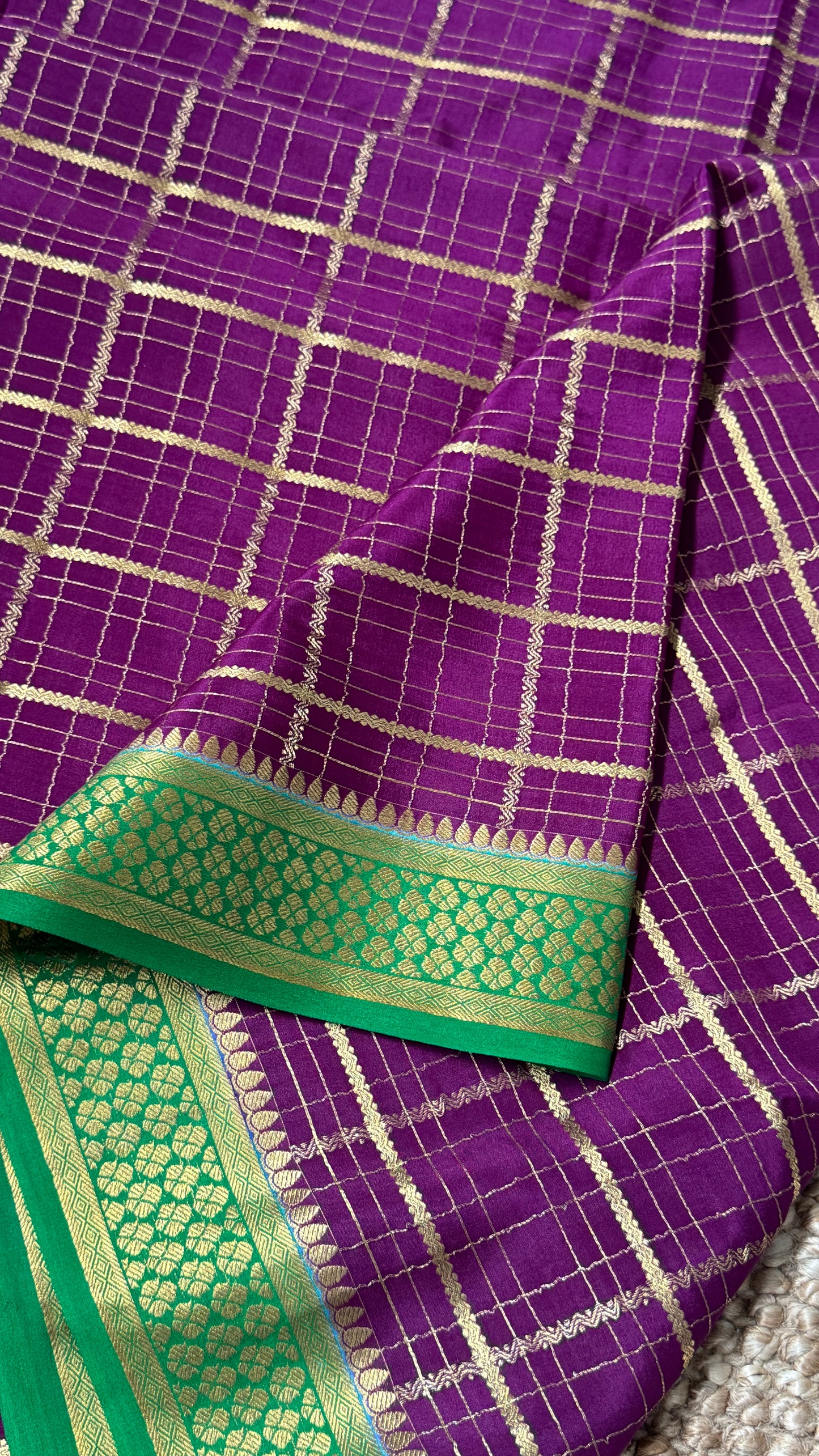 Pure Mysore Checkered Silk Sarees - Purple with Green Border