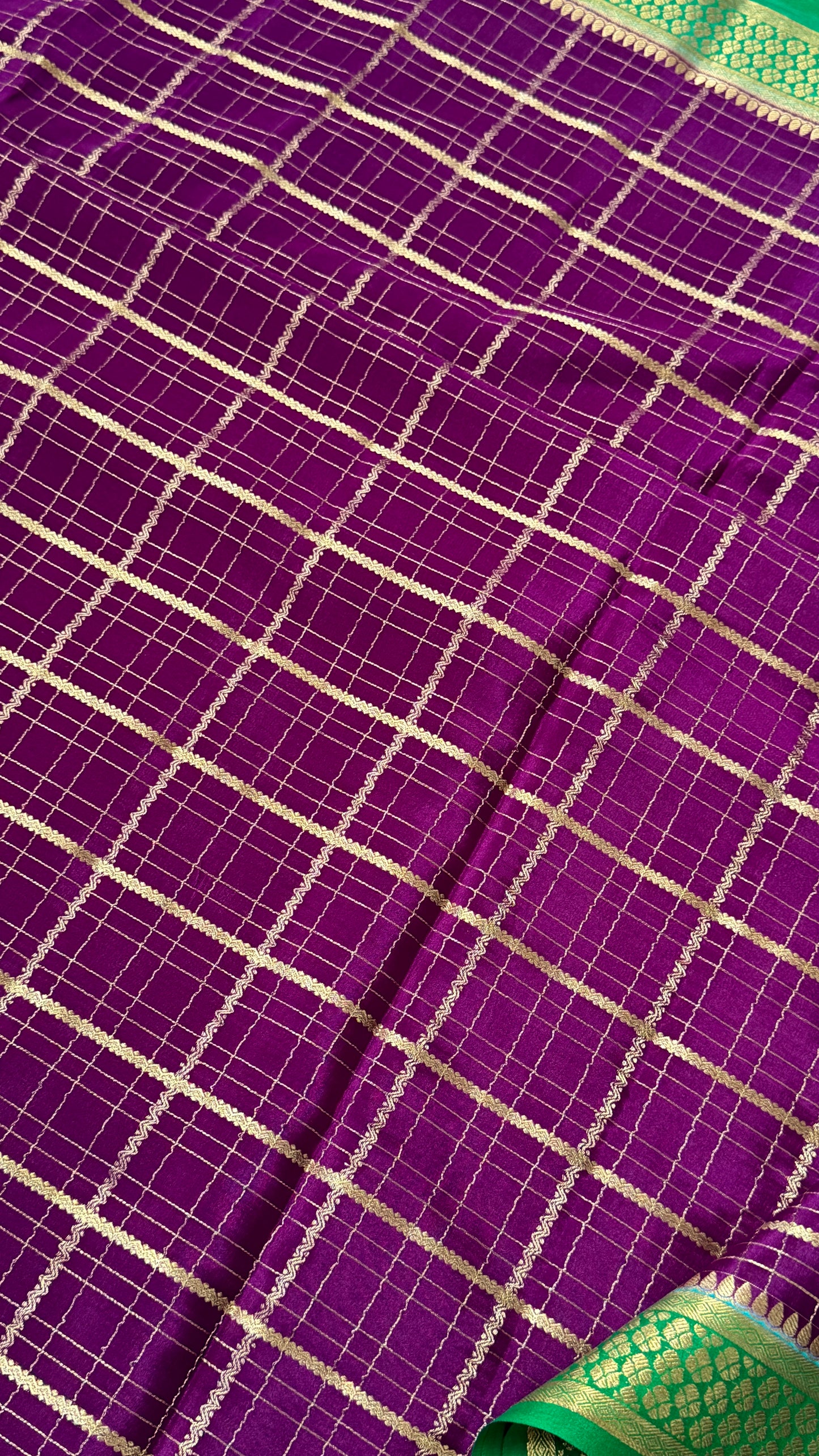 Pure Mysore Checkered Silk Sarees - Purple with Green Border