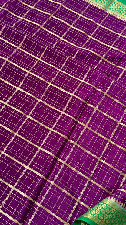 Pure Mysore Checkered Silk Sarees - Purple with Green Border