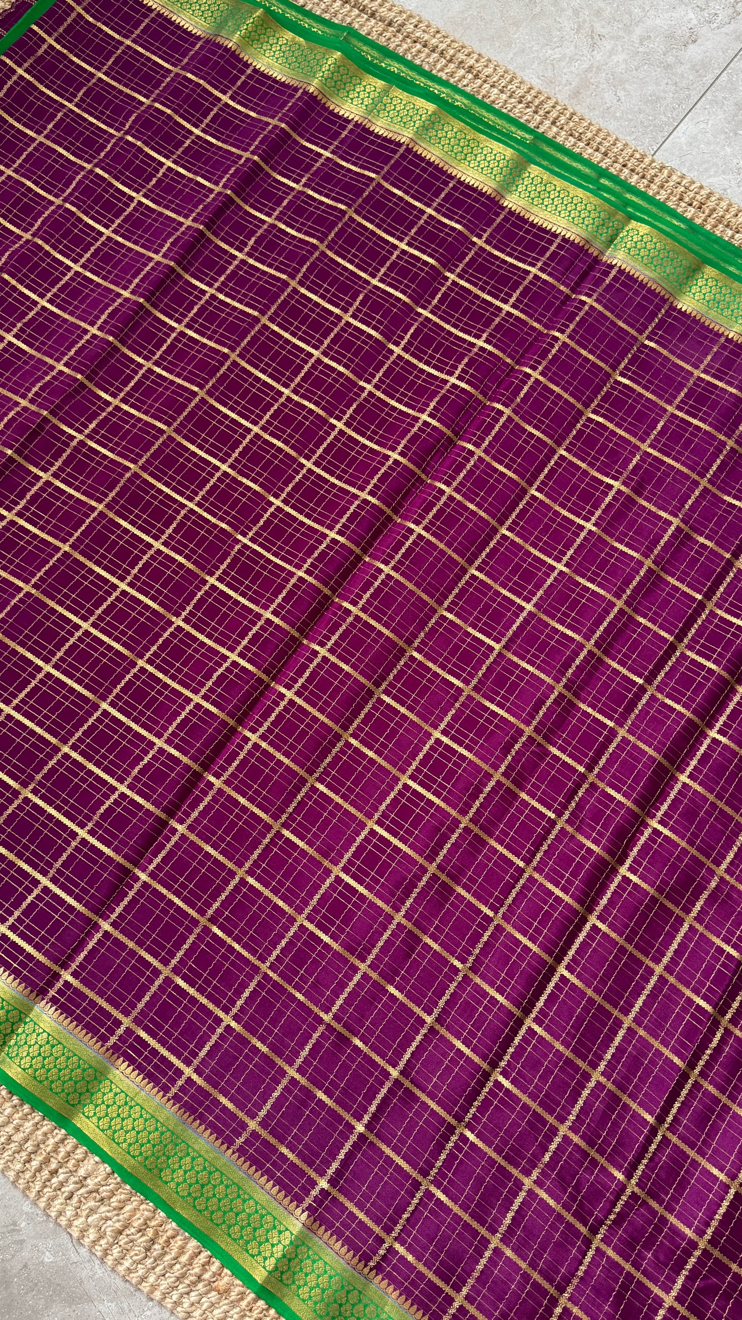 Pure Mysore Checkered Silk Sarees - Purple with Green Border