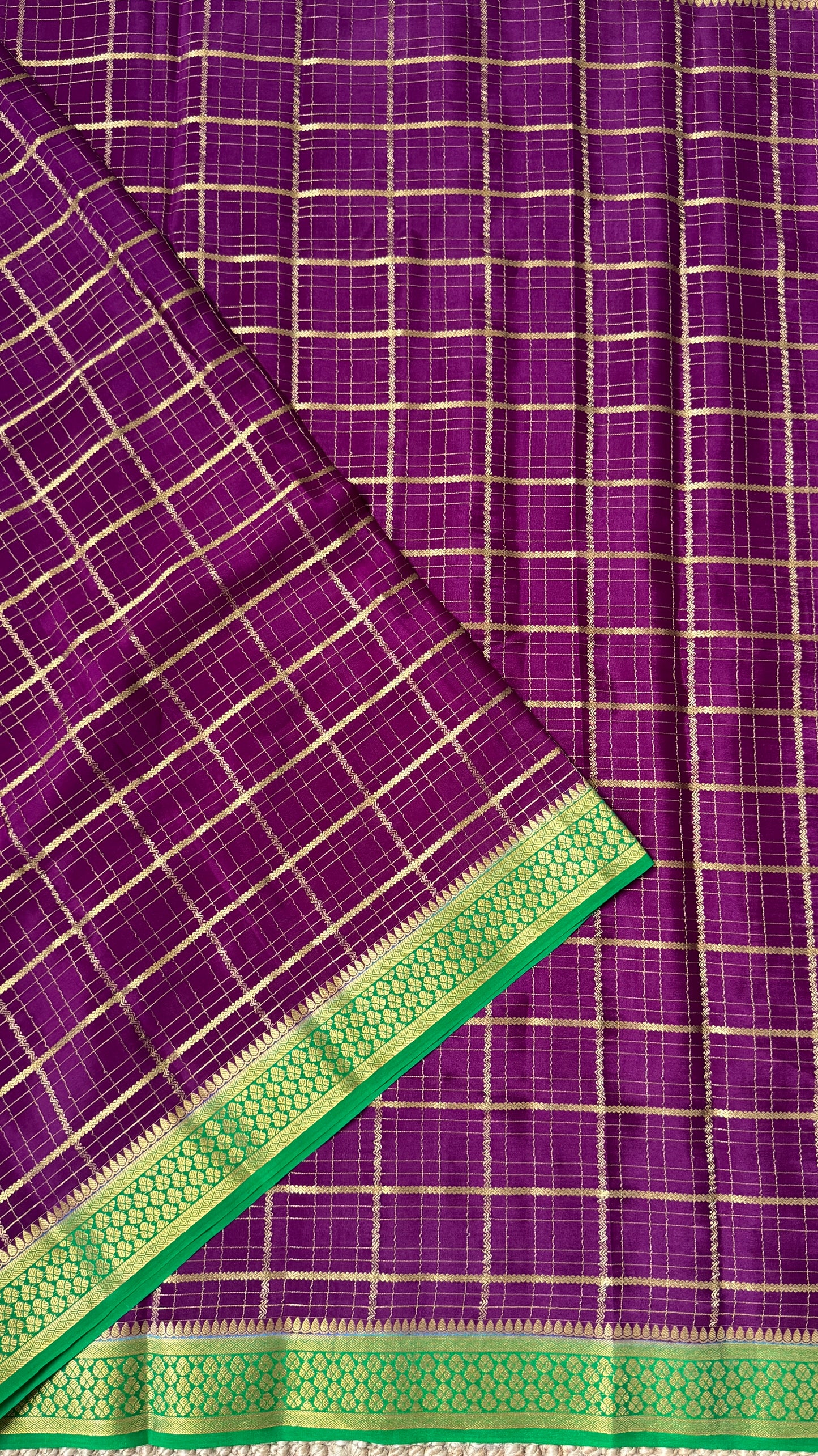 Pure Mysore Checkered Silk Sarees - Purple with Green Border