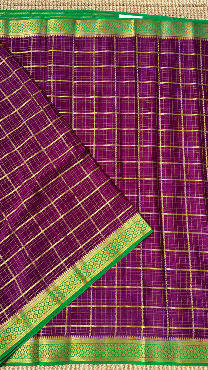Pure Mysore Checkered Silk Sarees - Purple with Green Border