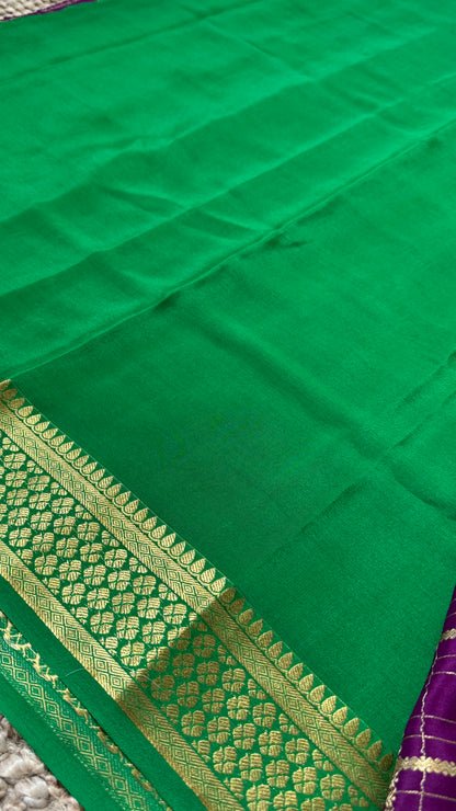 Pure Mysore Checkered Silk Sarees - Purple with Green Border