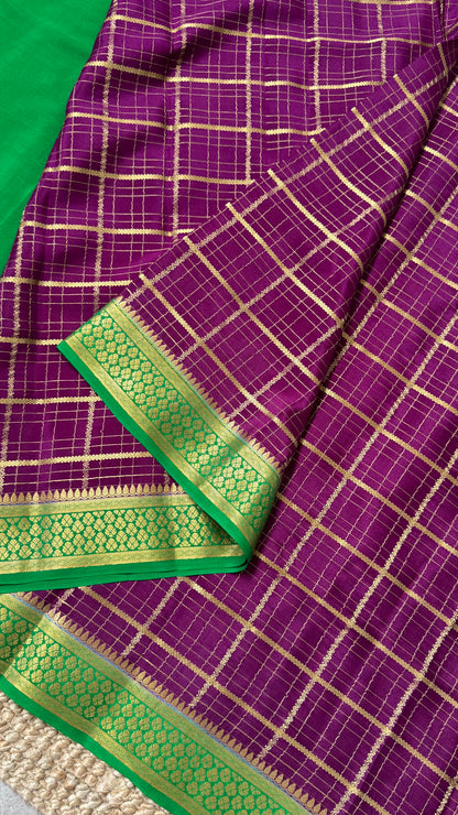 Pure Mysore Checkered Silk Sarees - Purple with Green Border