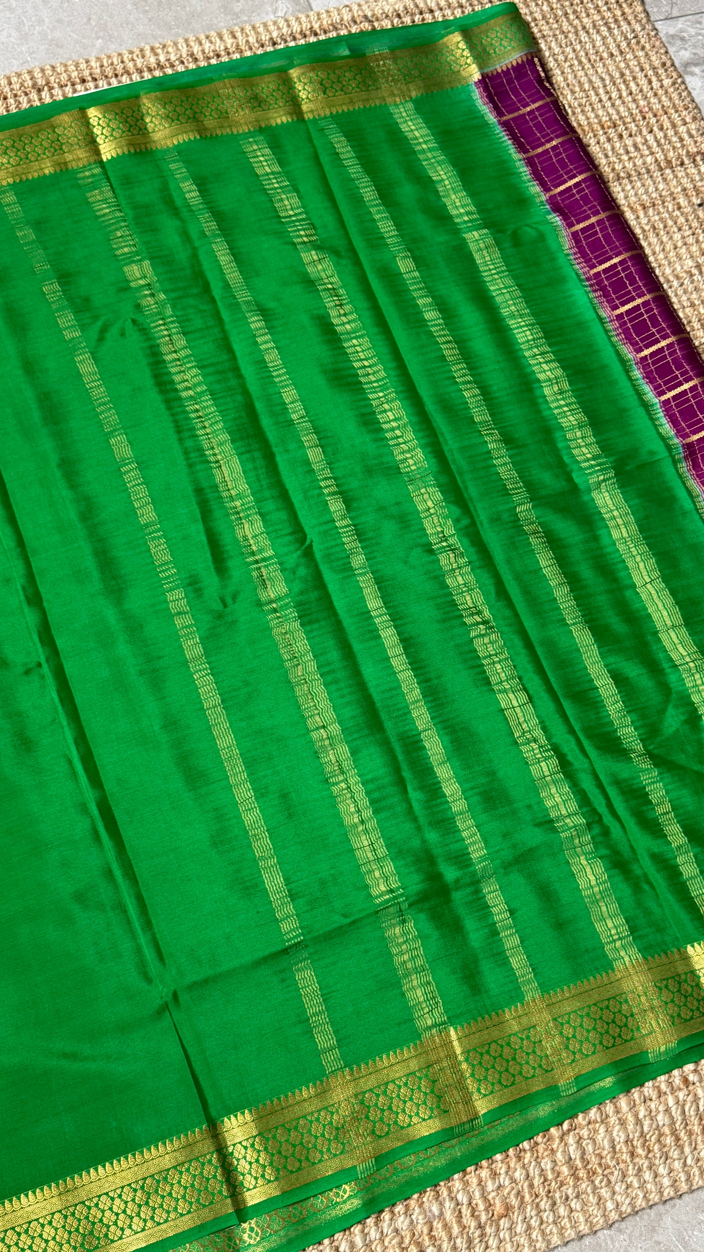 Pure Mysore Checkered Silk Sarees - Purple with Green Border