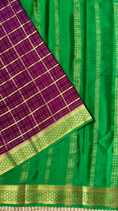Pure Mysore Checkered Silk Sarees - Purple with Green Border