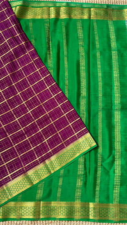 Pure Mysore Checkered Silk Sarees - Purple with Green Border