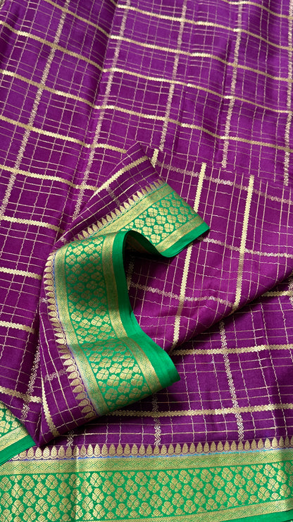 Pure Mysore Checkered Silk Sarees - Purple with Green Border