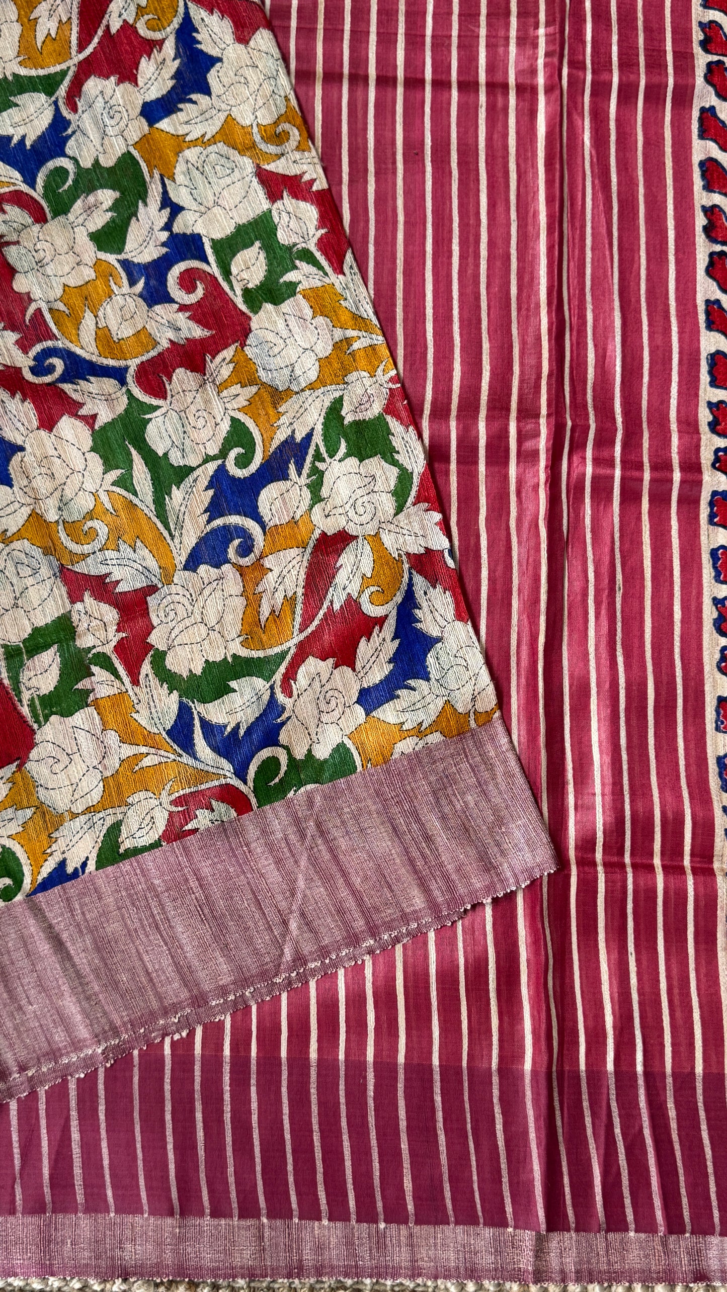 Pure Handloom Giccha Tussar Silk Saree – Multicolour Block Print