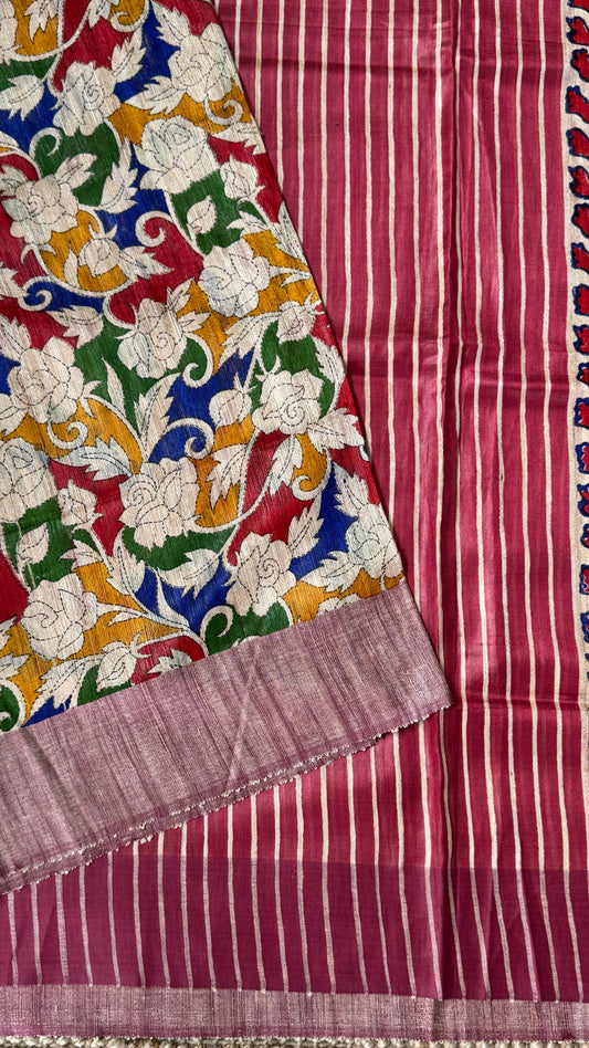 Pure Handloom Giccha Tussar Silk Saree – Multicolour Block Print