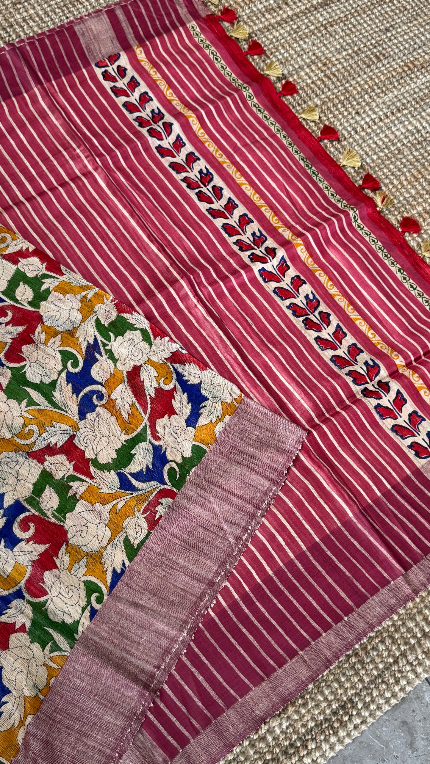 Pure Handloom Giccha Tussar Silk Saree – Multicolour Block Print