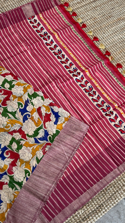 Pure Handloom Giccha Tussar Silk Saree – Multicolour Block Print