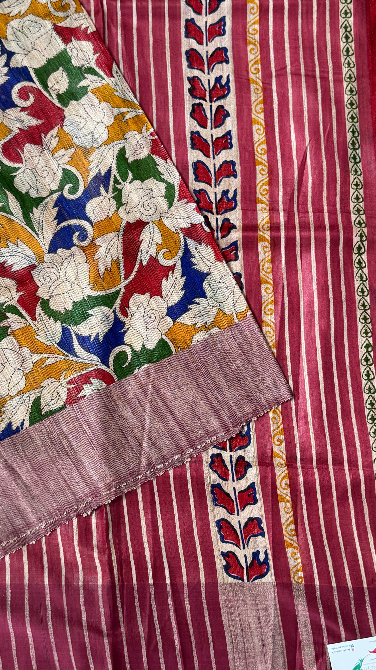 Pure Handloom Giccha Tussar Silk Saree – Multicolour Block Print