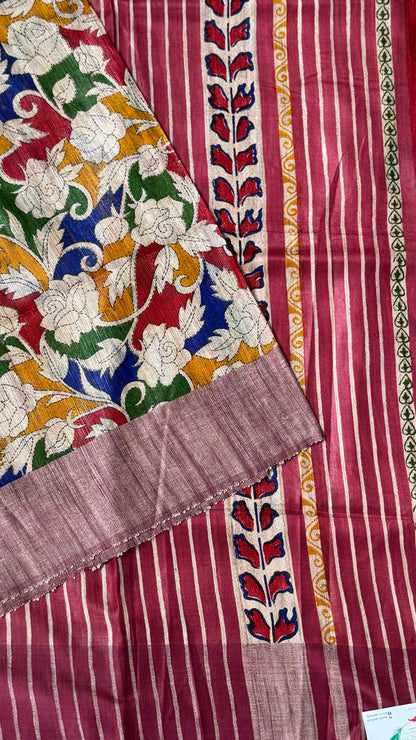 Pure Handloom Giccha Tussar Silk Saree – Multicolour Block Print