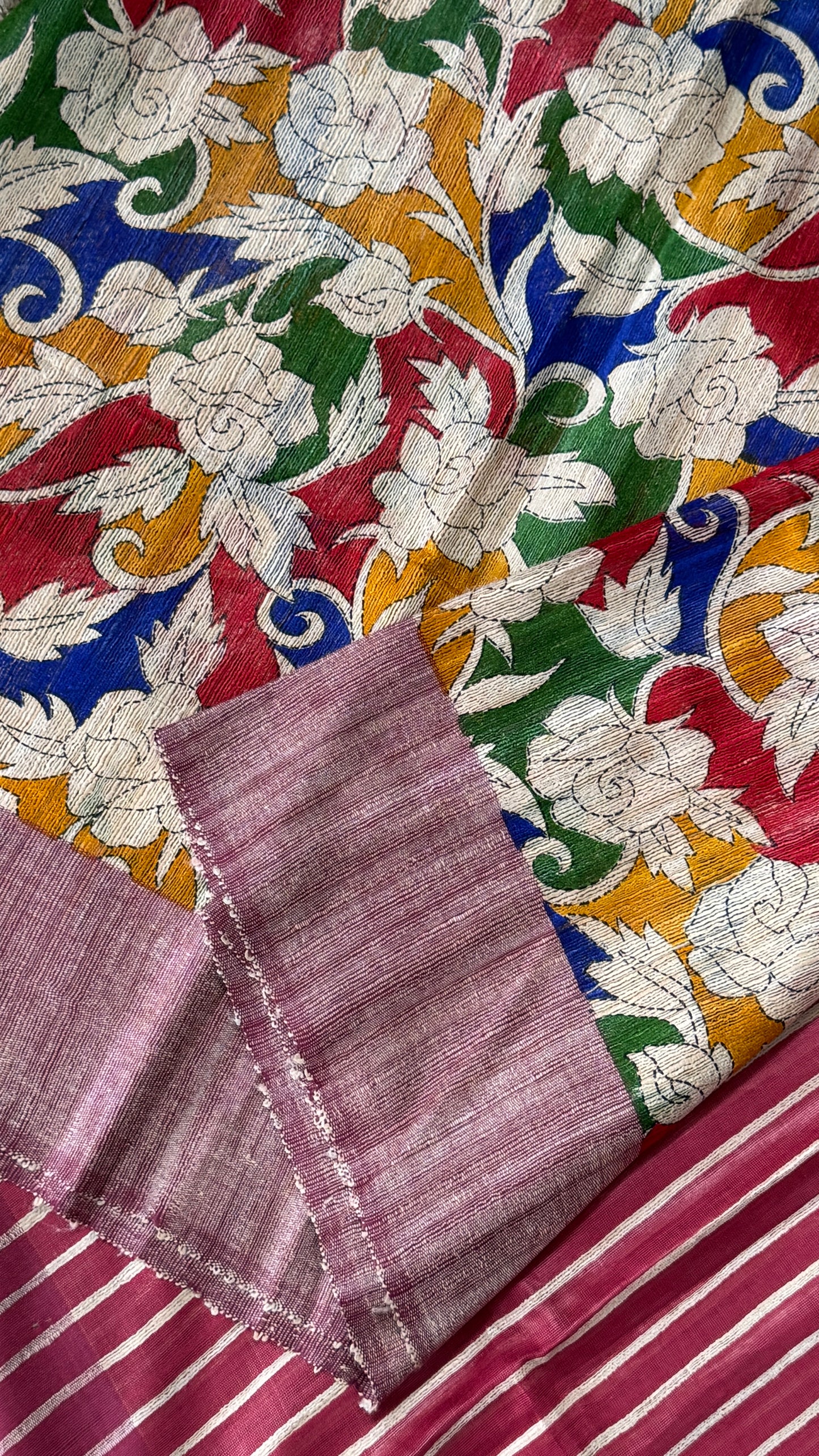 Pure Handloom Giccha Tussar Silk Saree – Multicolour Block Print