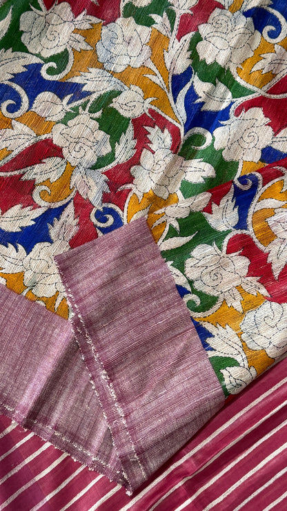Pure Handloom Giccha Tussar Silk Saree – Multicolour Block Print