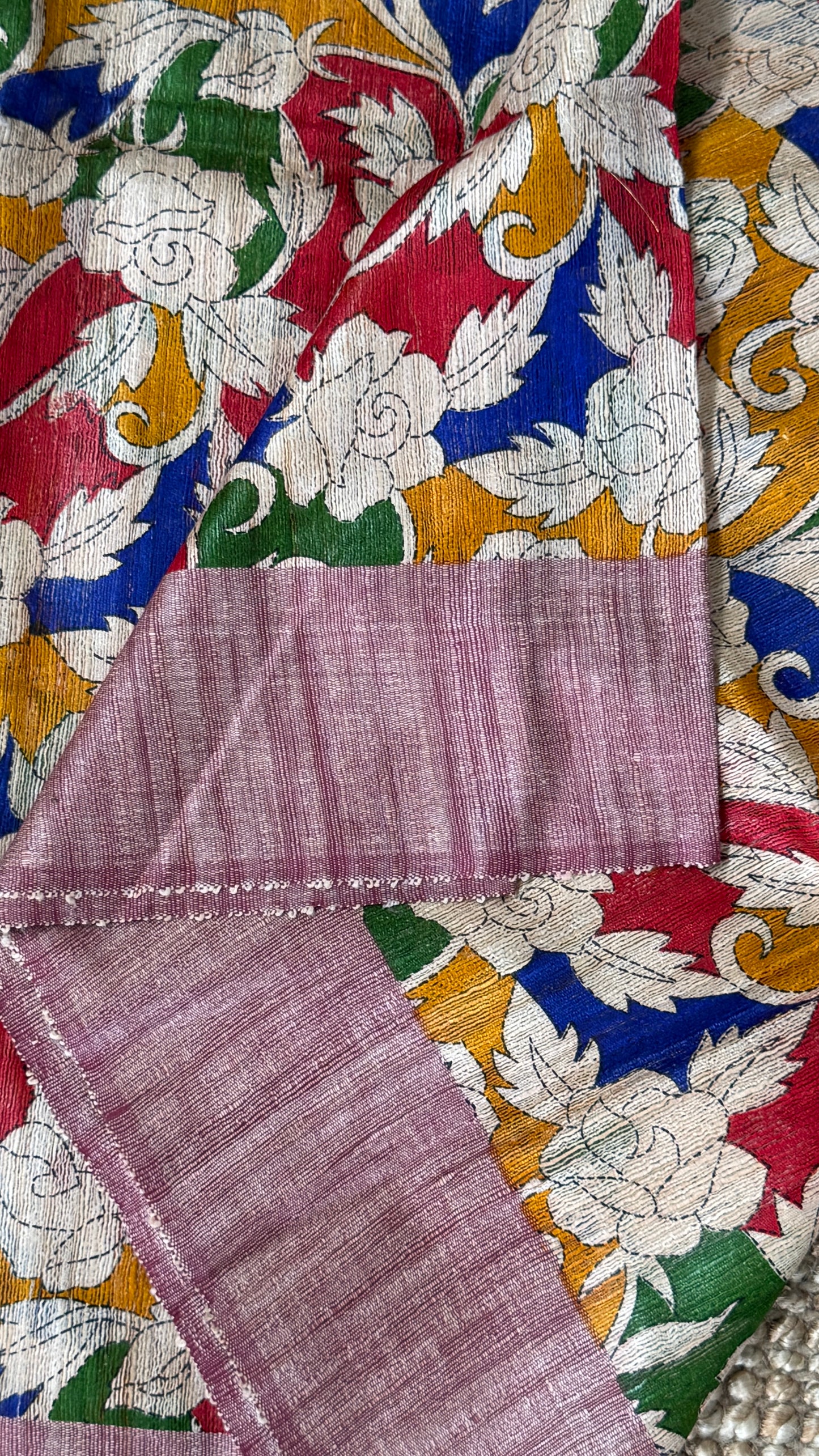 Pure Handloom Giccha Tussar Silk Saree – Multicolour Block Print
