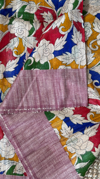 Pure Handloom Giccha Tussar Silk Saree – Multicolour Block Print