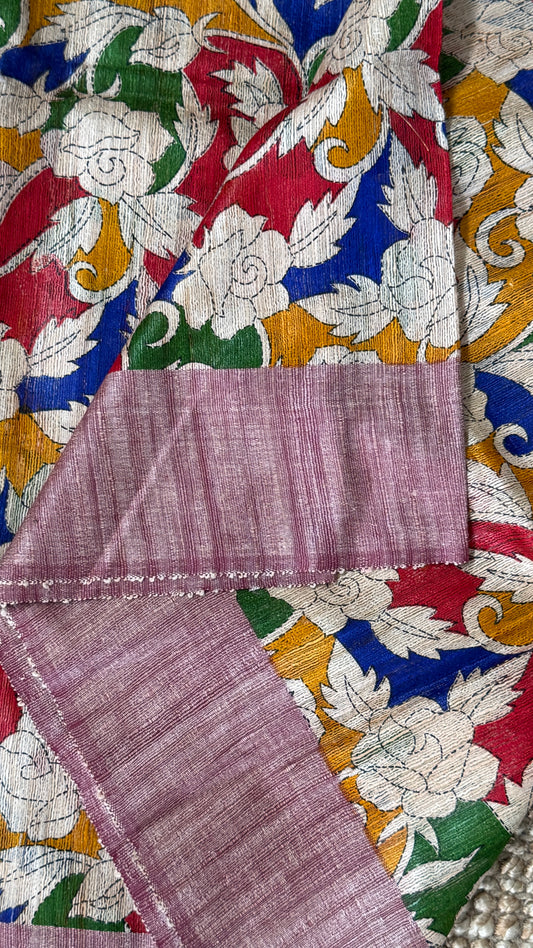 Pure Handloom Giccha Tussar Silk Saree – Multicolour Block Print