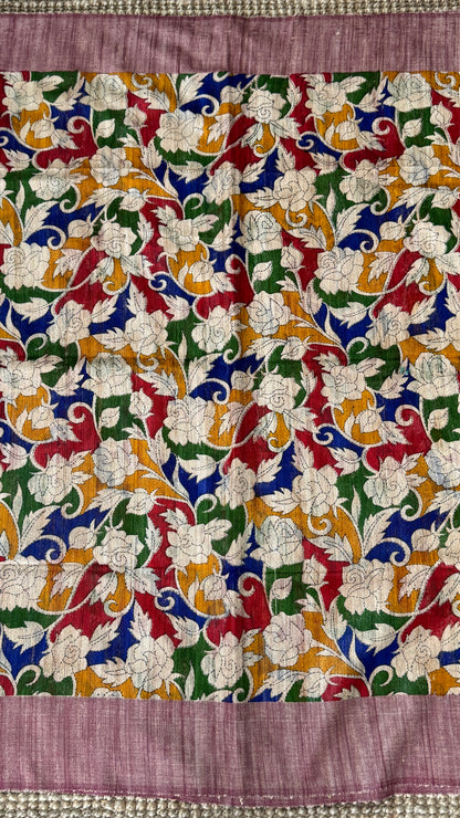 Pure Handloom Giccha Tussar Silk Saree – Multicolour Block Print