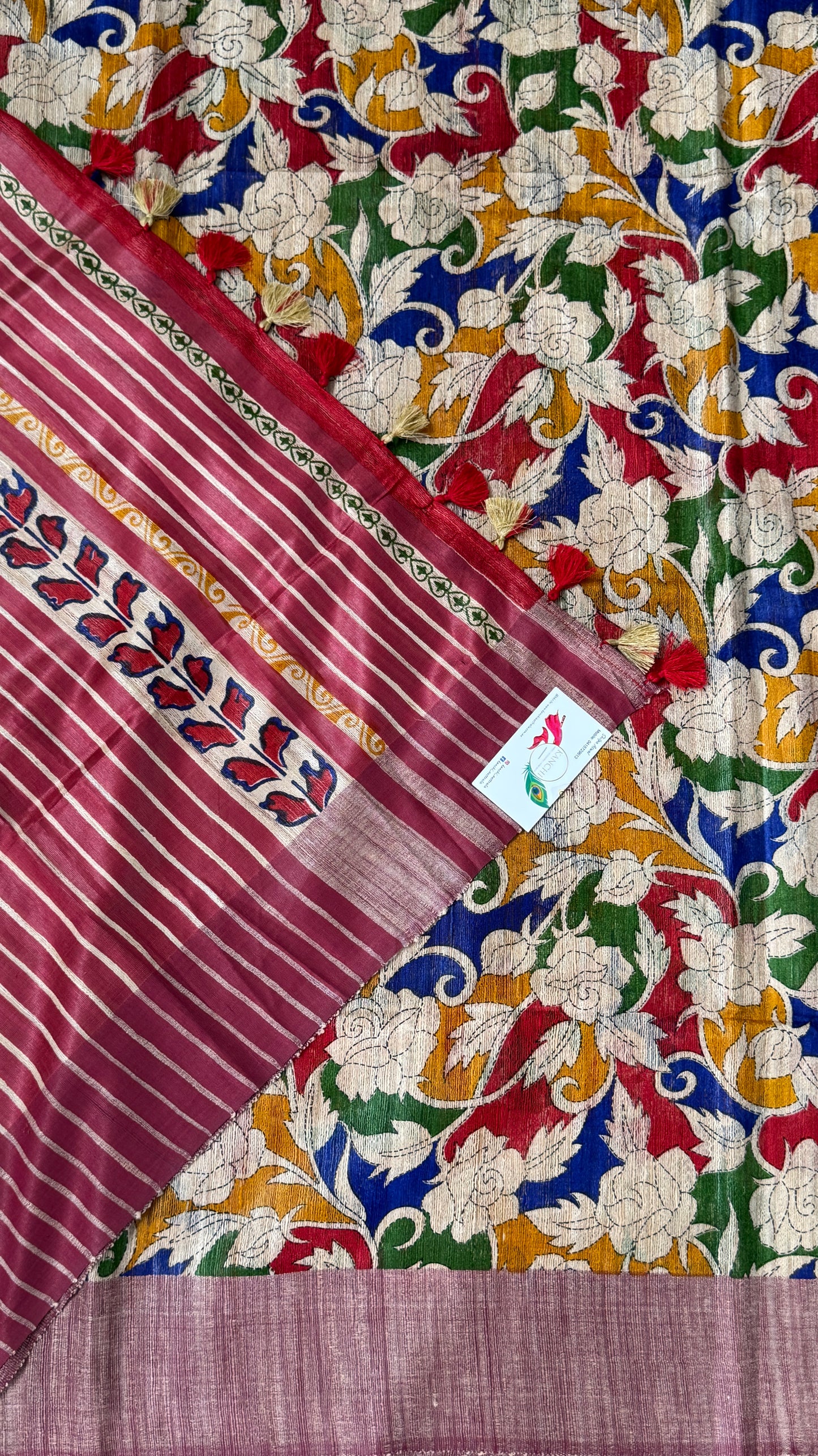 Pure Handloom Giccha Tussar Silk Saree – Multicolour Block Print