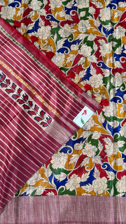 Pure Handloom Giccha Tussar Silk Saree – Multicolour Block Print