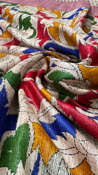 Pure Handloom Giccha Tussar Silk Saree – Multicolour Block Print