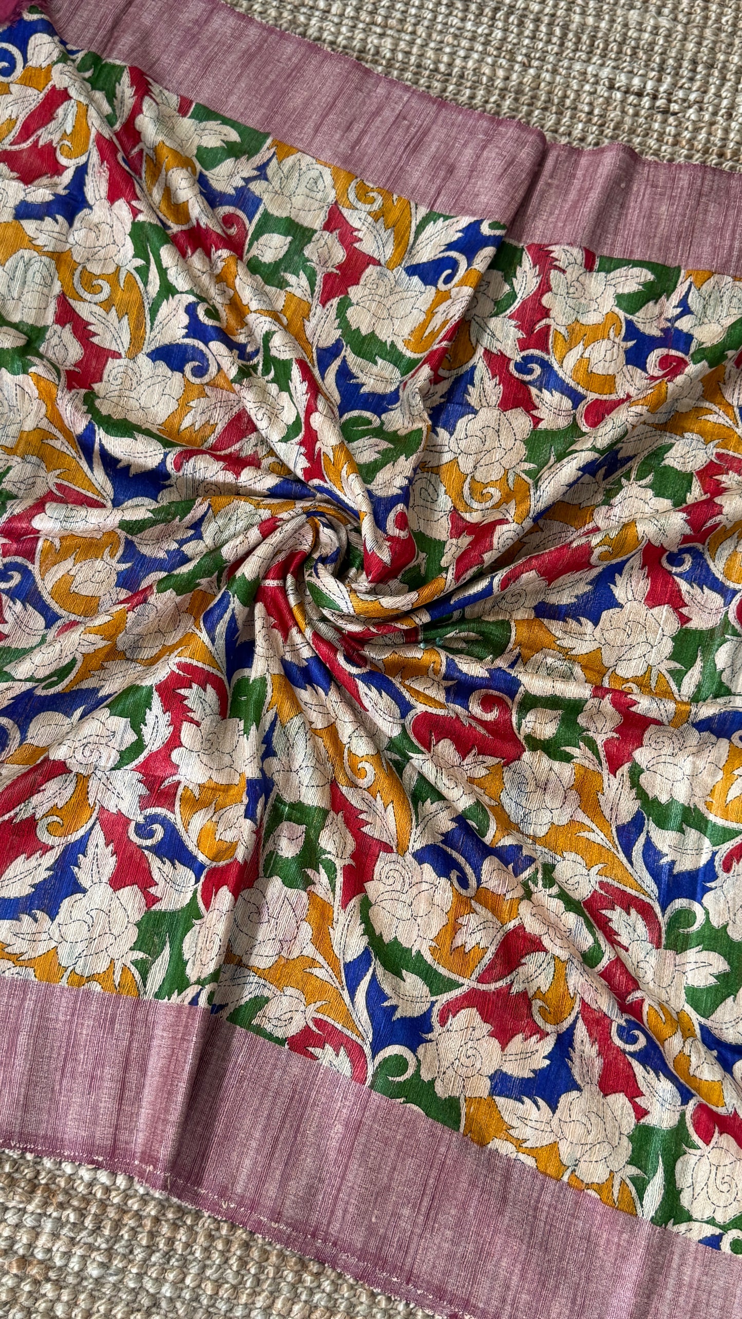 Pure Handloom Giccha Tussar Silk Saree – Multicolour Block Print