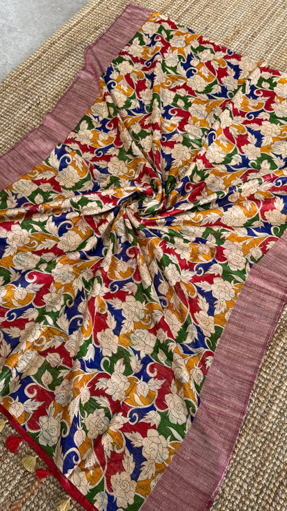 Pure Handloom Giccha Tussar Silk Saree – Multicolour Block Print