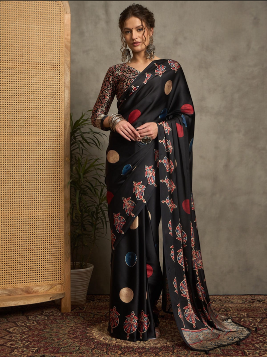 MODAL SILK SAREE WITH DIGITAL AJRAKH PRINTS - BLACK