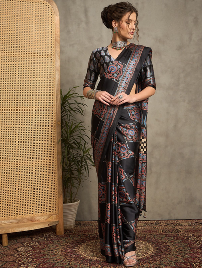 MODAL SILK SAREE WITH DIGITAL AJRAKH PRINTS - BLACK