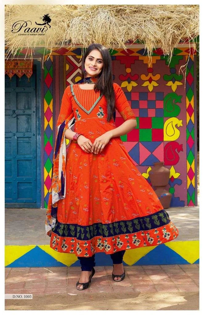 Orange Ankle-Length Cotton Anarkali Suit