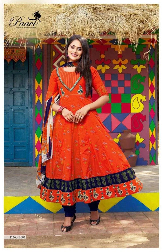 Orange Ankle-Length Cotton Anarkali Suit