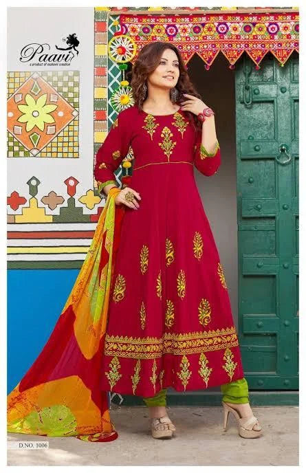 Red Ankle-Length Cotton Dress with Floral Designs and Dupatta