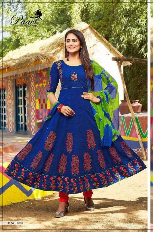 Blue Ankle-Length Cotton Anarkali suit with Contrasting Red Designs and Green Dupatta