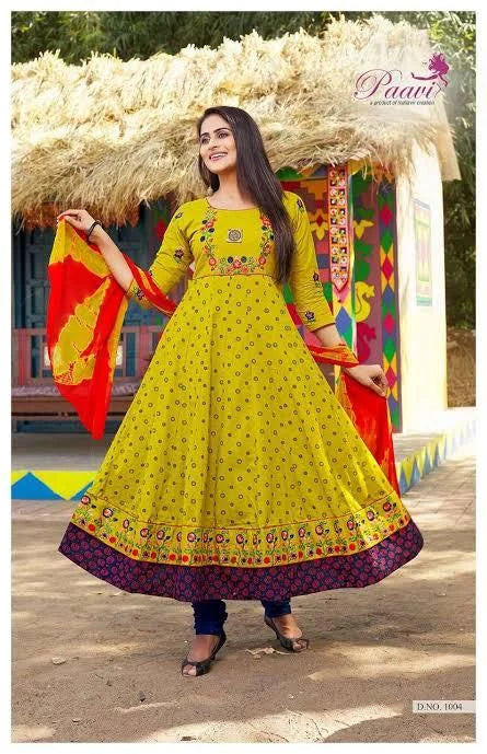 Yellow Ankle-Length Cotton Anarkali with Contrasting Designs and Orange Dupatta