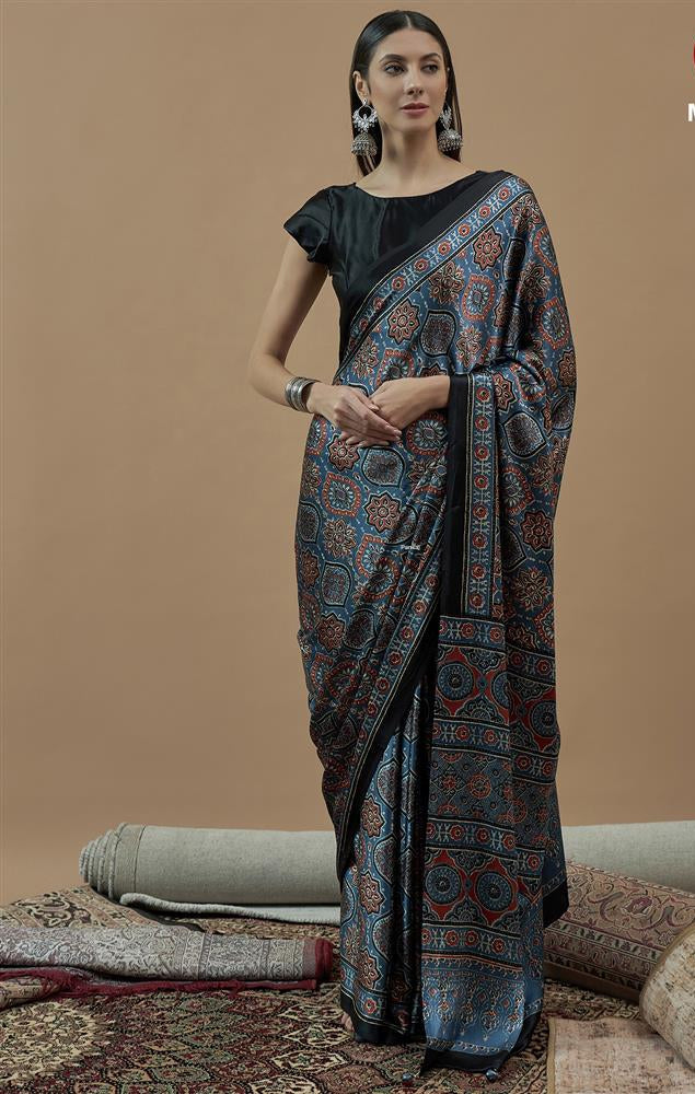 MODAL SILK SAREE WITH DIGITAL AJRAKH PRINTS - Denim Blue