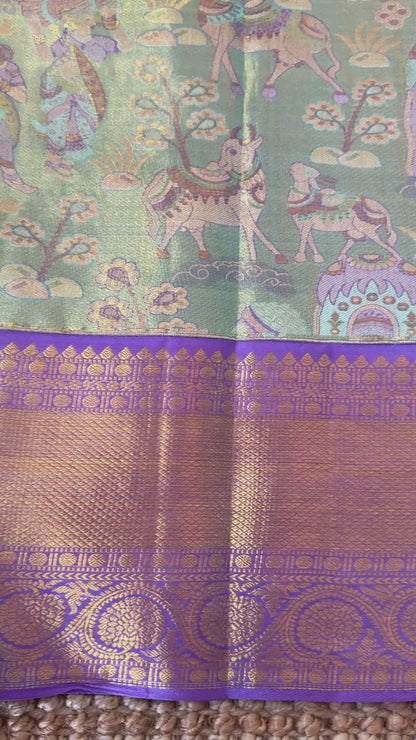 PURE TISSUE KANJIVARAM SILK HANDLOOM SAREE – SEA GREEN WITH PURPLE-GOLD BORDER