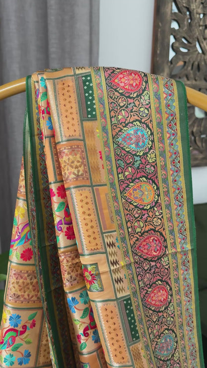 A Kashmiri Pashmina Banarasi Handwoven Storytelling Sarees - Green