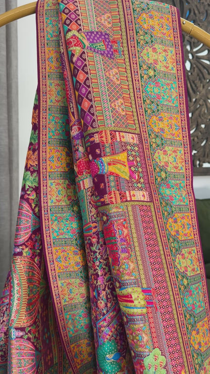 A Kashmiri Pashmina Banarasi Handwoven Storytelling Sarees - Wine
