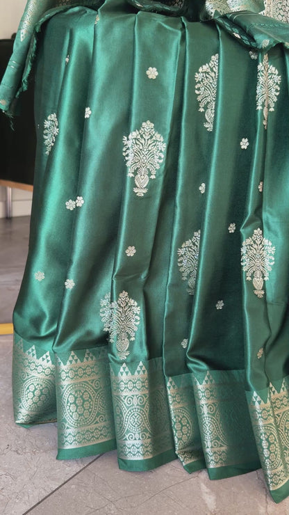 Satin Silk Banarasi Sarees - Bottle Green