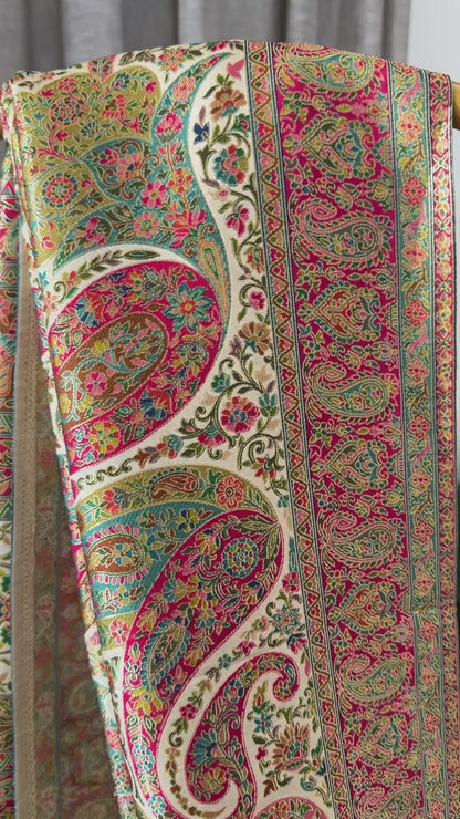 A Kashmiri Pashmina Banarasi Handwoven Floral Sarees - Half White
