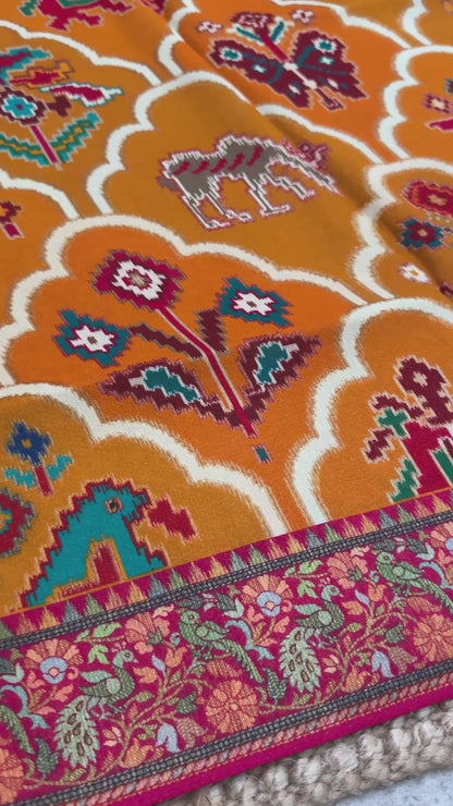 A Kashmiri Pashmina Banarasi Handwoven Sarees with Patola prints - Mustard