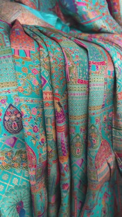 A Kashmiri Pashmina Banarasi Handwoven Storytelling Sarees - Teal Green