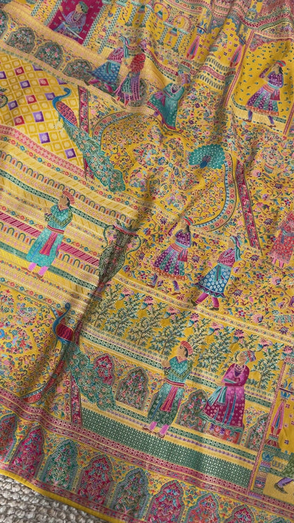 A Kashmiri Pashmina Banarasi Handwoven Storytelling Sarees - Yellow