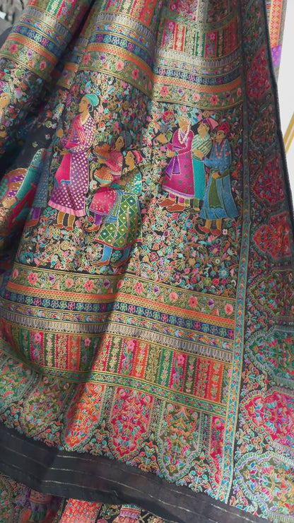 A Kashmiri Pashmina Banarasi Handwoven Storytelling Sarees - Black
