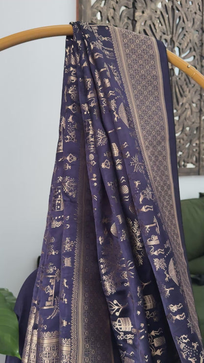 Pure Mashru Silk Banarasi Saree With Warli Art Form Woven - Navy Blue