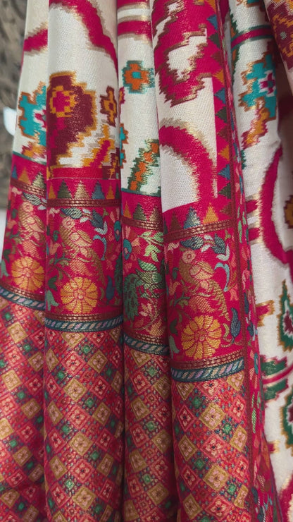 A Kashmiri Pashmina Banarasi Handwoven Storytelling Sarees Patola Pattern - Beige