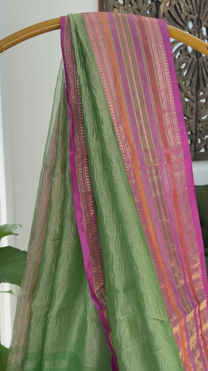 Pure Tissue Silk – Crushed in Green and contrast Pinkish Peach Border